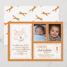 Fox Orange White 1. Geburtstag Foto Einladung