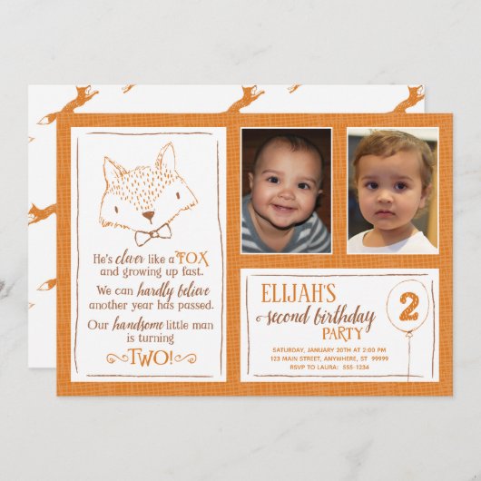 Fox Orange White 2. Geburtstag Foto Einladung (Vorne/Hinten)