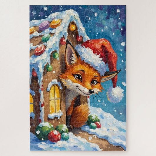 Fox Peeking from Gingerbread House Hat Puzzle (Vertikal)