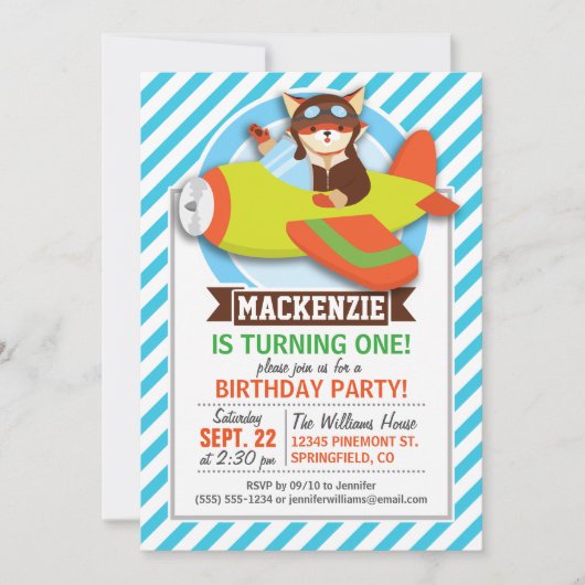 Fox-Pilot im Flugzeug von grün und orange; blaue S Einladung (Vorderseite)