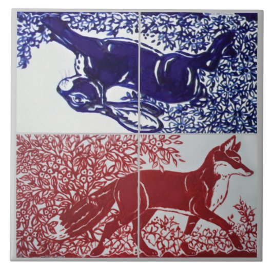 Fox, Rabbit Floral Navy Blue Red Zeichnend Keramik Fliese (Vorderseite)