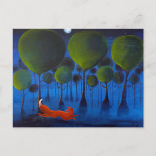 Fox Running In Woodland at Night. Postkarte