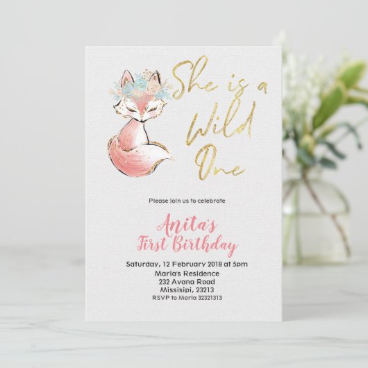 Fox She is a Wild One Birthday Einladung (Stehend Vorderseite)