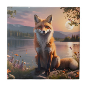 Fox sitzt am See im Sonnenuntergang. Fliese