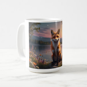Fox sitzt am See im Sonnenuntergang. Kaffeetasse