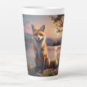 Fox sitzt am See im Sonnenuntergang. Milchtasse