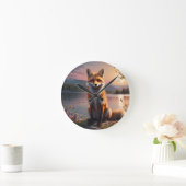 Fox sitzt am See im Sonnenuntergang. Runde Wanduhr (Zuhause)