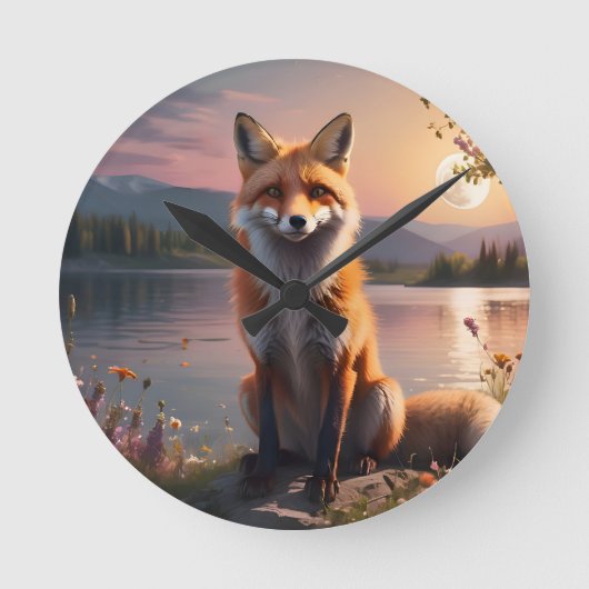 Fox sitzt am See im Sonnenuntergang. Runde Wanduhr (Vorderseite)