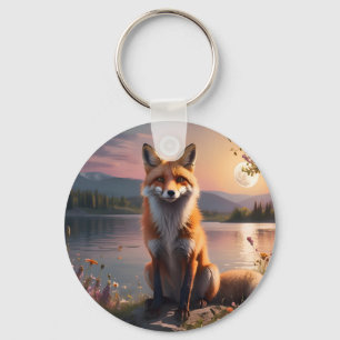Fox sitzt am See im Sonnenuntergang. Schlüsselanhänger