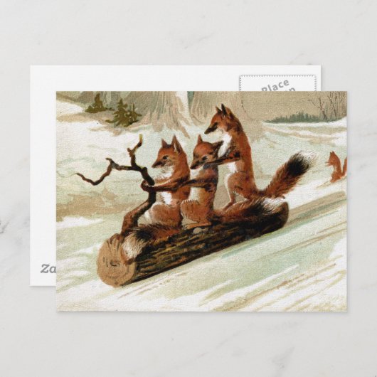 Fox Sleigh Ride Vintag Print Postkarte (Vorne/Hinten)