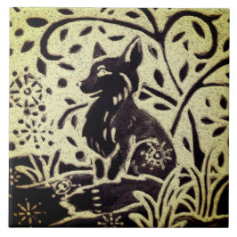 Fox Snow Gray Green Stoneware Winter Woodland Art Fliese