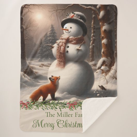 Fox Snowman Vintage Weihnachten Sherpadecke (Vorderseite)
