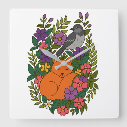 Fox, Taube und Blume Quadratische Wanduhr (Vorderseite)