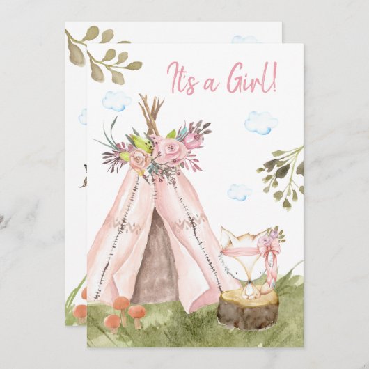 *~* Fox Teepee Tent Boho Waldmädchen Einladung (Vorne/Hinten)