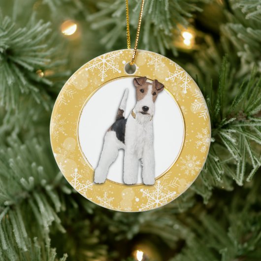 Fox Terrier Dog Gold Snowflake Border Keramik Ornament (Baum)