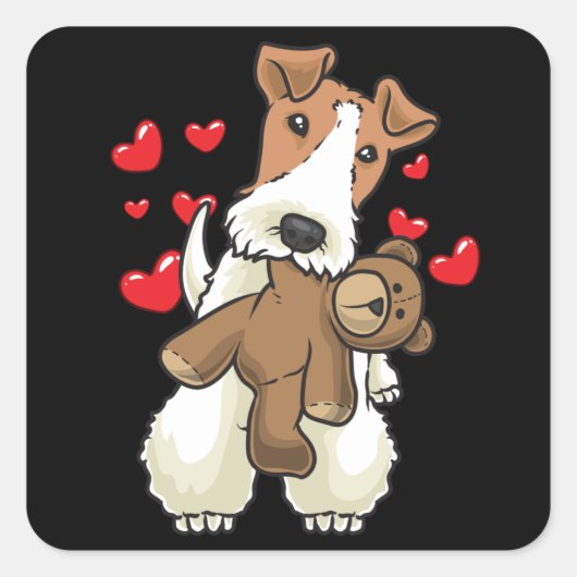 Fox Terrier Drahthaar Hund mit ausgestopfter Tier Quadratischer Aufkleber (Vorderseite)