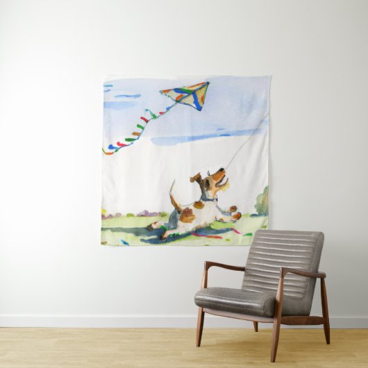 Fox Terrier Ein Drachen im Park Wasserfarbe Wandteppich (Beispiel)