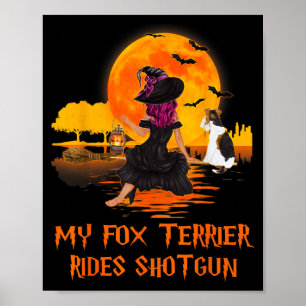 Fox Terrier fährt Shotgun Hund und Hexe Halloween Poster