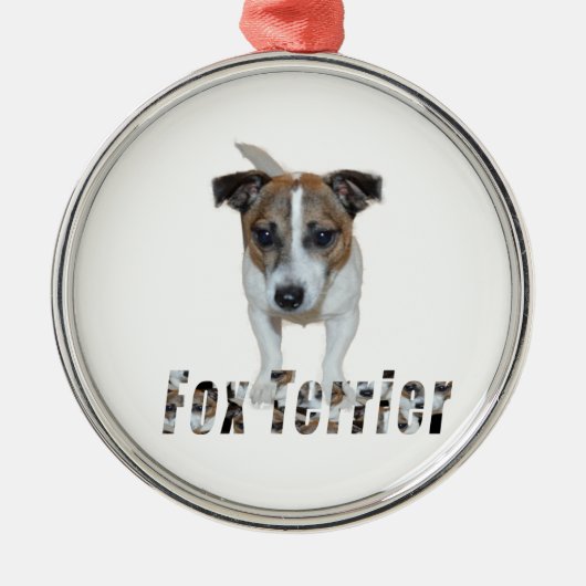 Fox Terrier mit Logo, Metall-Ornament. Silbernes Ornament (Vorne)