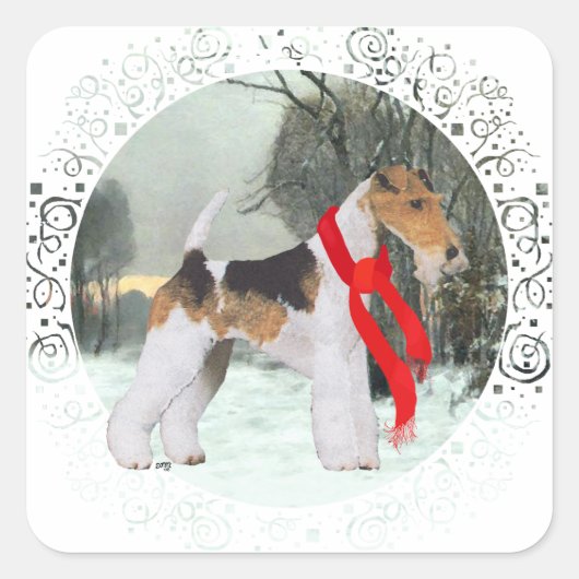 Fox Terrier Winter Quadratischer Aufkleber (Vorderseite)