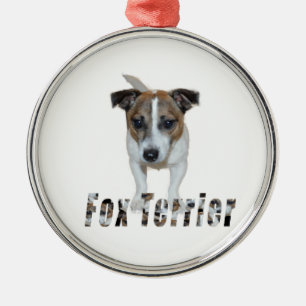 Fox Terrier With Logo, Metal Ornament. Silbernes Ornament