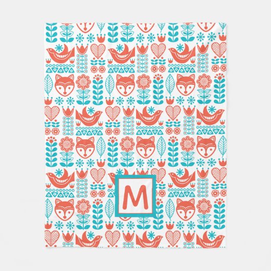 Fox- u. Vogel-Volkskunst-Muster des Monogramm-| Fleecedecke (Vorderseite)