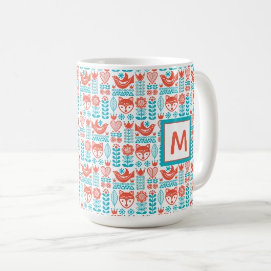 Fox- u. Vogel-Volkskunst-Muster des Monogramm-| Kaffeetasse (VorderseiteRechts)