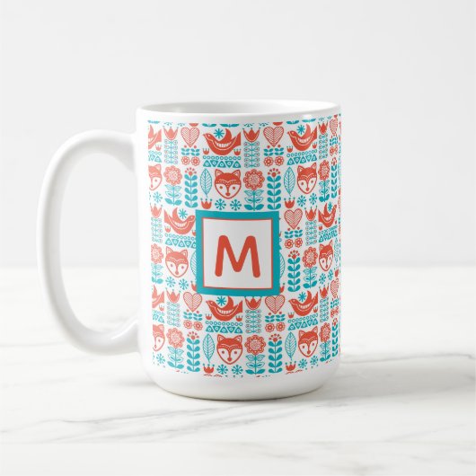 Fox- u. Vogel-Volkskunst-Muster des Monogramm-| Kaffeetasse (Links)