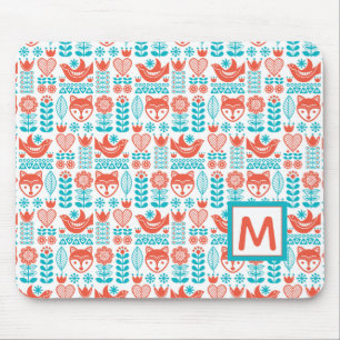 Fox- u. Vogel-Volkskunst-Muster des Monogramm- Mousepad