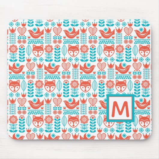 Fox- u. Vogel-Volkskunst-Muster des Monogramm-| Mousepad (Vorne)