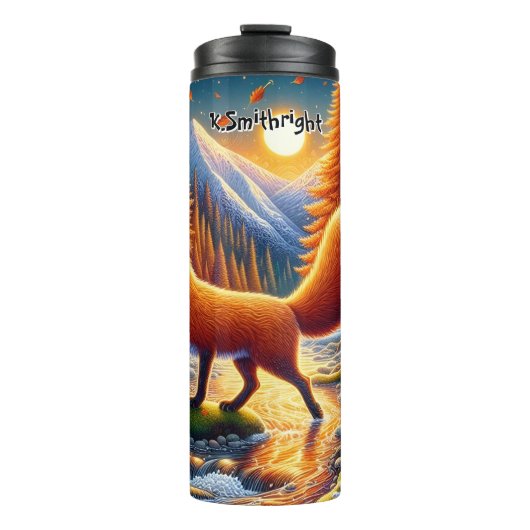 Fox überquert einen Herbstfluss Thermosbecher (Vorderseite)