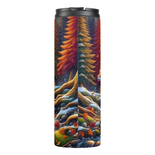 Fox überquert einen Herbstfluss Thermosbecher (Rückseite)