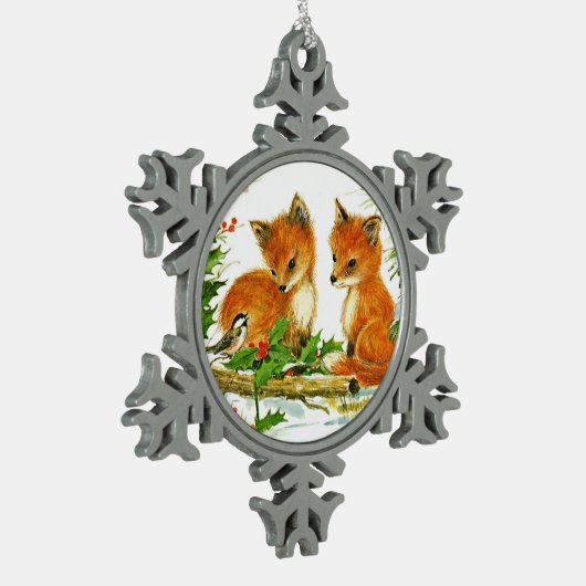 Fox und Bird genießen Weihnachtsschnee Schneeflocken Zinn-Ornament (Links)