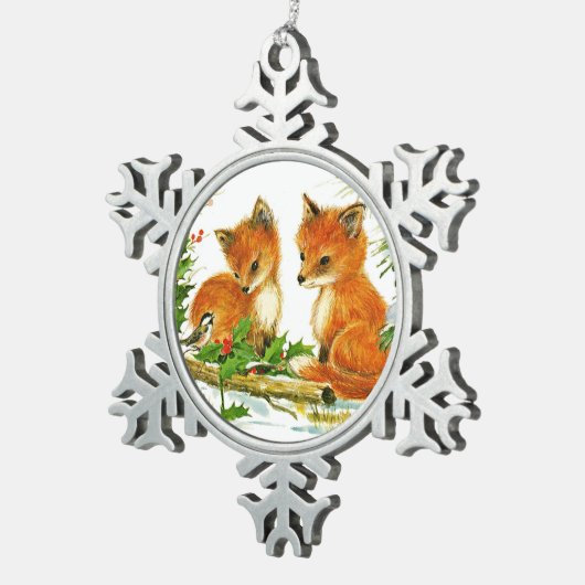 Fox und Bird genießen Weihnachtsschnee Schneeflocken Zinn-Ornament (Rechts)