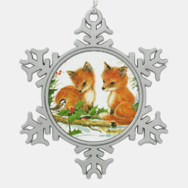 Fox und Bird genießen Weihnachtsschnee Schneeflocken Zinn-Ornament
