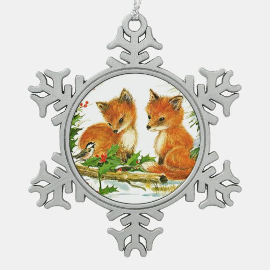 Fox und Bird genießen Weihnachtsschnee Schneeflocken Zinn-Ornament (Vorderseite)