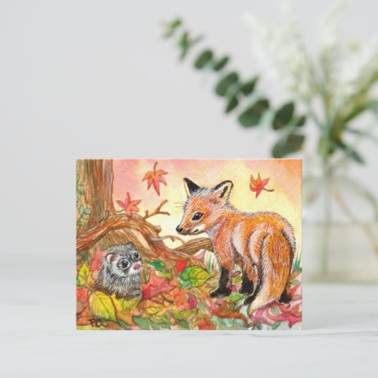 Fox und Ferret im Herbst Postkarte (Stehend Vorderseite)