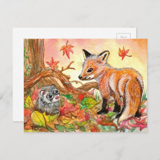 Fox und Ferret im Herbst Postkarte (Vorne/Hinten)