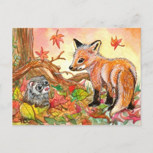 Fox und Ferret im Herbst Postkarte (Vorderseite)