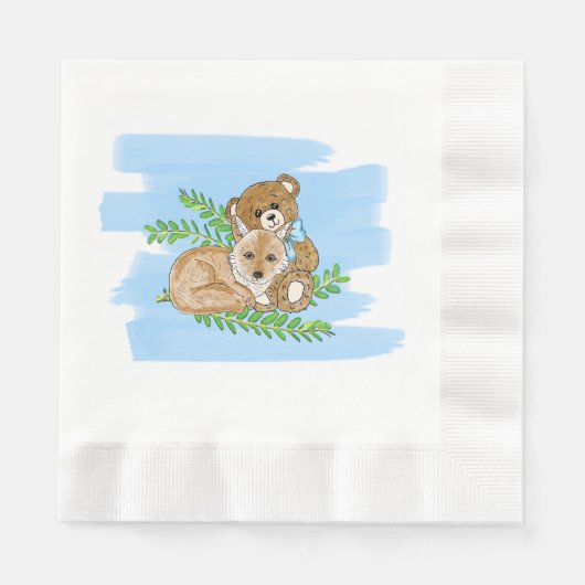Fox und Teddy Bear Greenery Boy's Baby Shower Serviette (Vorderseite)