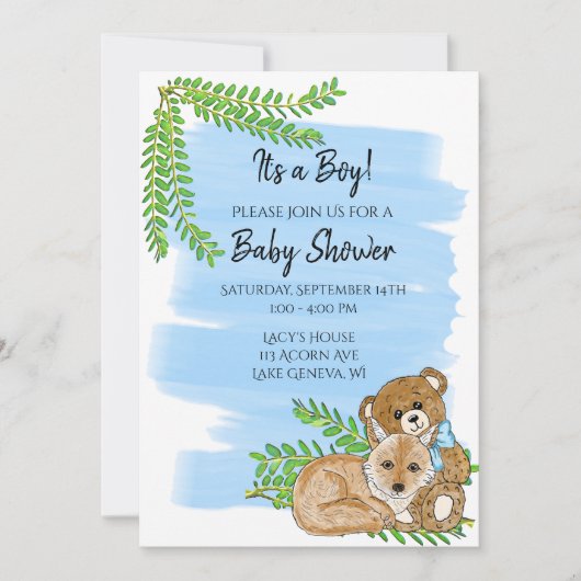 Fox und Teddy Bear und Greenery Boy's Baby Shower Einladung (Vorderseite)