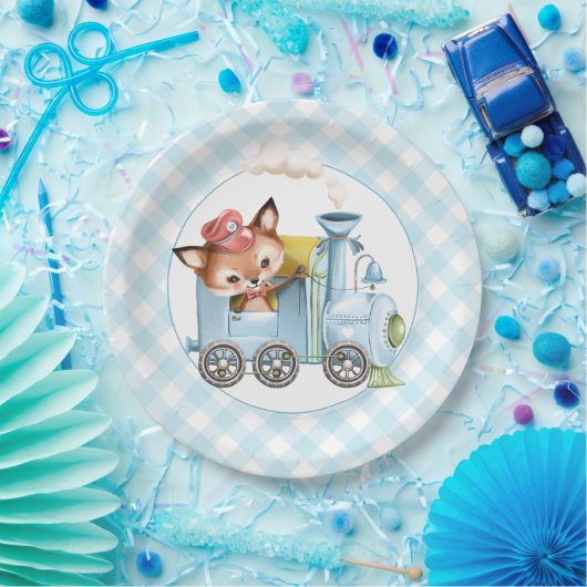 Fox und Train Gingham Blue Baby Dusche Pappteller (Party)