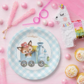 Fox und Train Gingham Blue Baby Dusche Pappteller (Party)