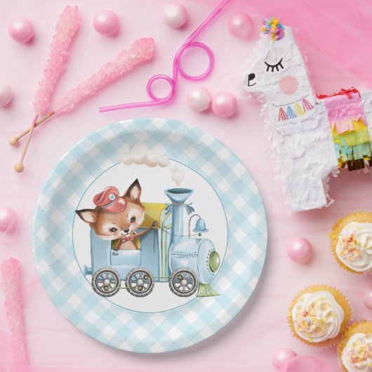 Fox und Train Gingham Blue Baby Dusche Pappteller (Party)