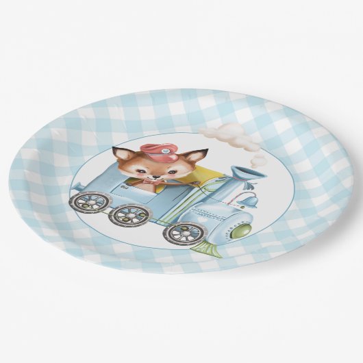 Fox und Train Gingham Blue Baby Dusche Pappteller (Schrägansicht)