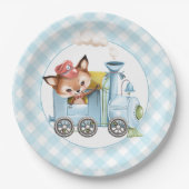 Fox und Train Gingham Blue Baby Dusche Pappteller (Vorderseite)