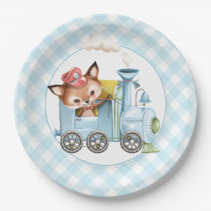 Fox und Train Gingham Blue Baby Dusche Pappteller
