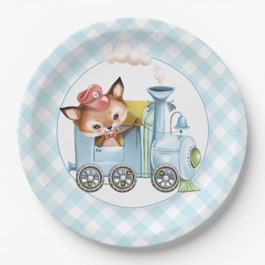 Fox und Train Gingham Blue Baby Dusche Pappteller (Vorderseite)