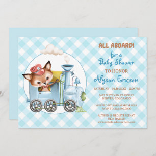 Fox und Train Gingham Blue Baby Einladung