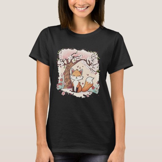 Fox Vaporwave Under Cherry Blossom Japanese Aesthe T-Shirt (Vorderseite)